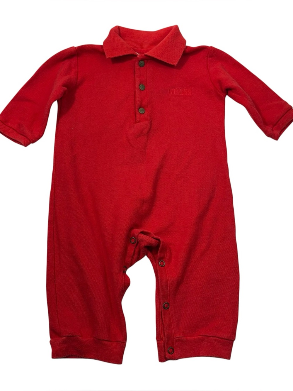 Vintage 1980s 1988 GUESS Red Embroidered One Piece Collared Knit Onesie Romper